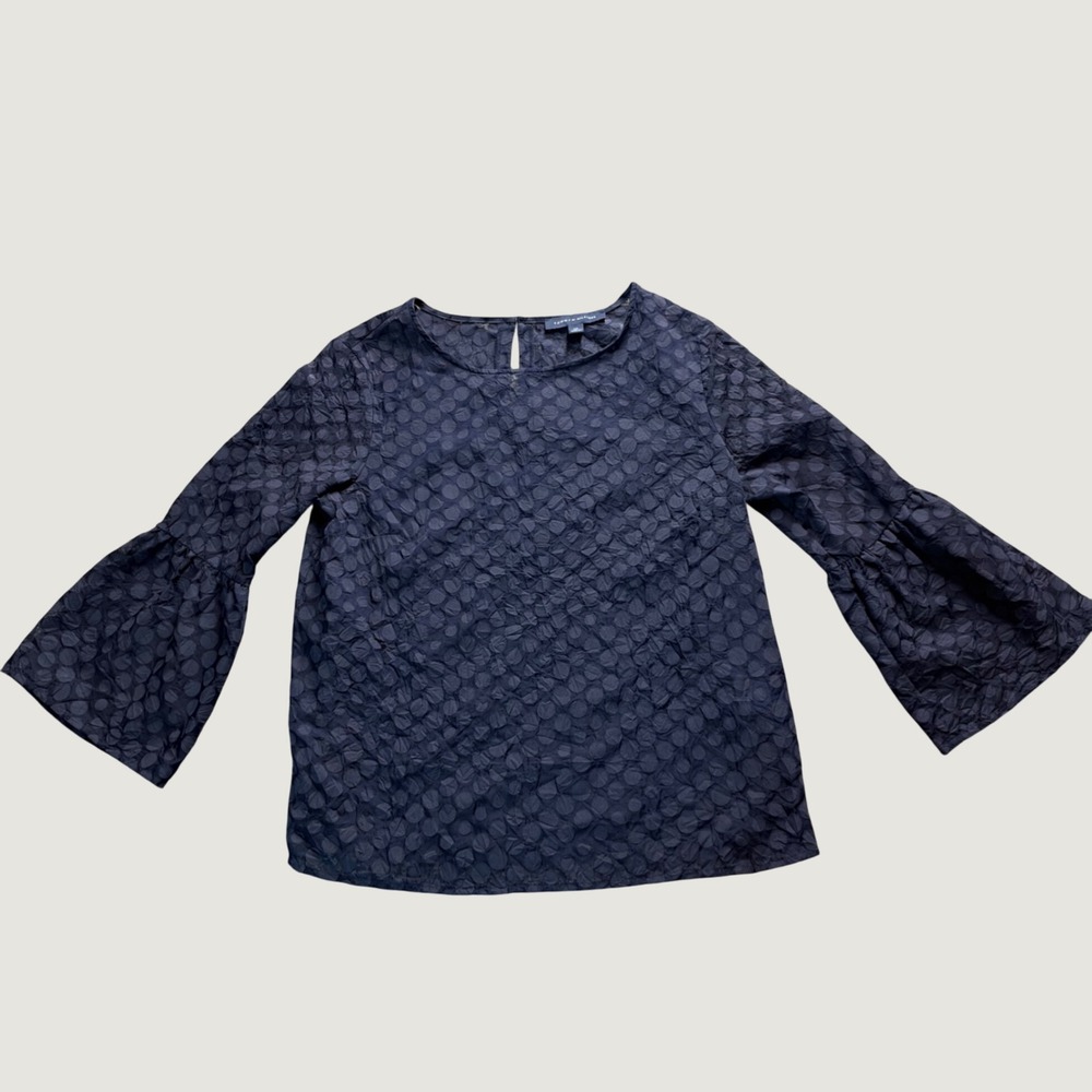 Tommy Hilfiger Blouse Small Bell Sleeve Polka Dot Textured Navy Blue Top
